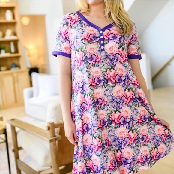 Floral Print V Neck Short Sleeve Casual Dress‎ with Pockets - Picture 2 of 3